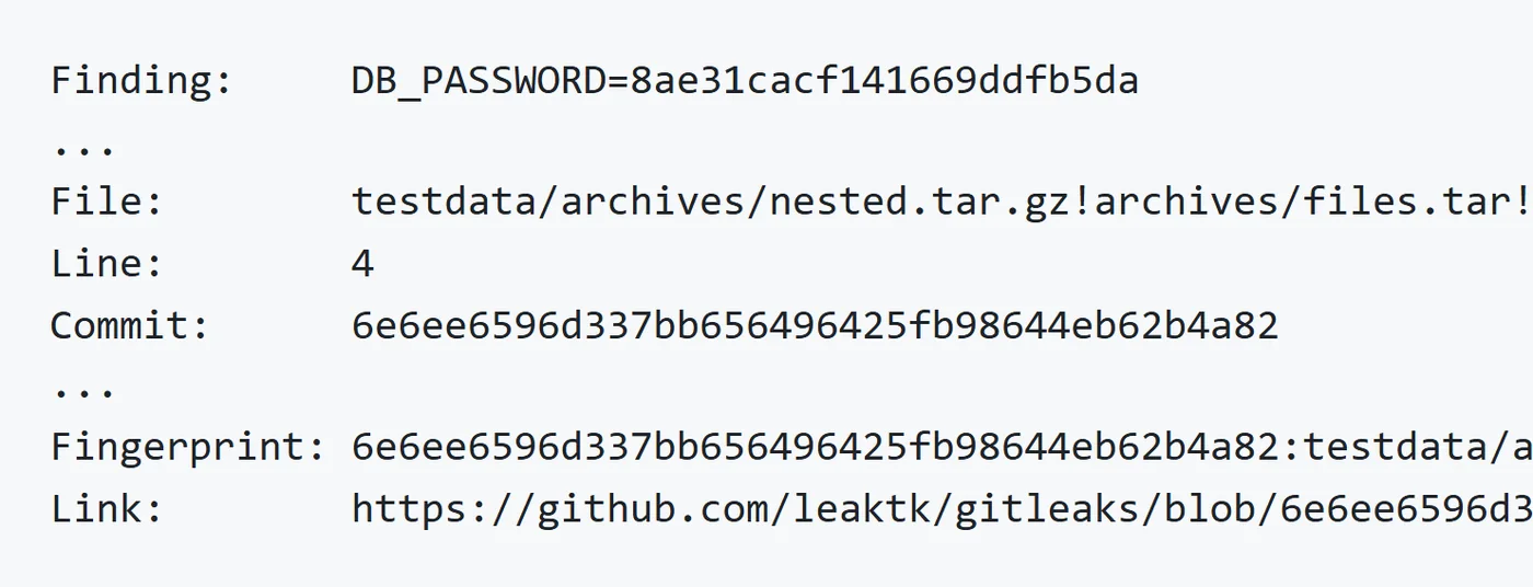 Exemple de sortie de Gitleaks : Finding, File, Line, Commit, Fingerprint