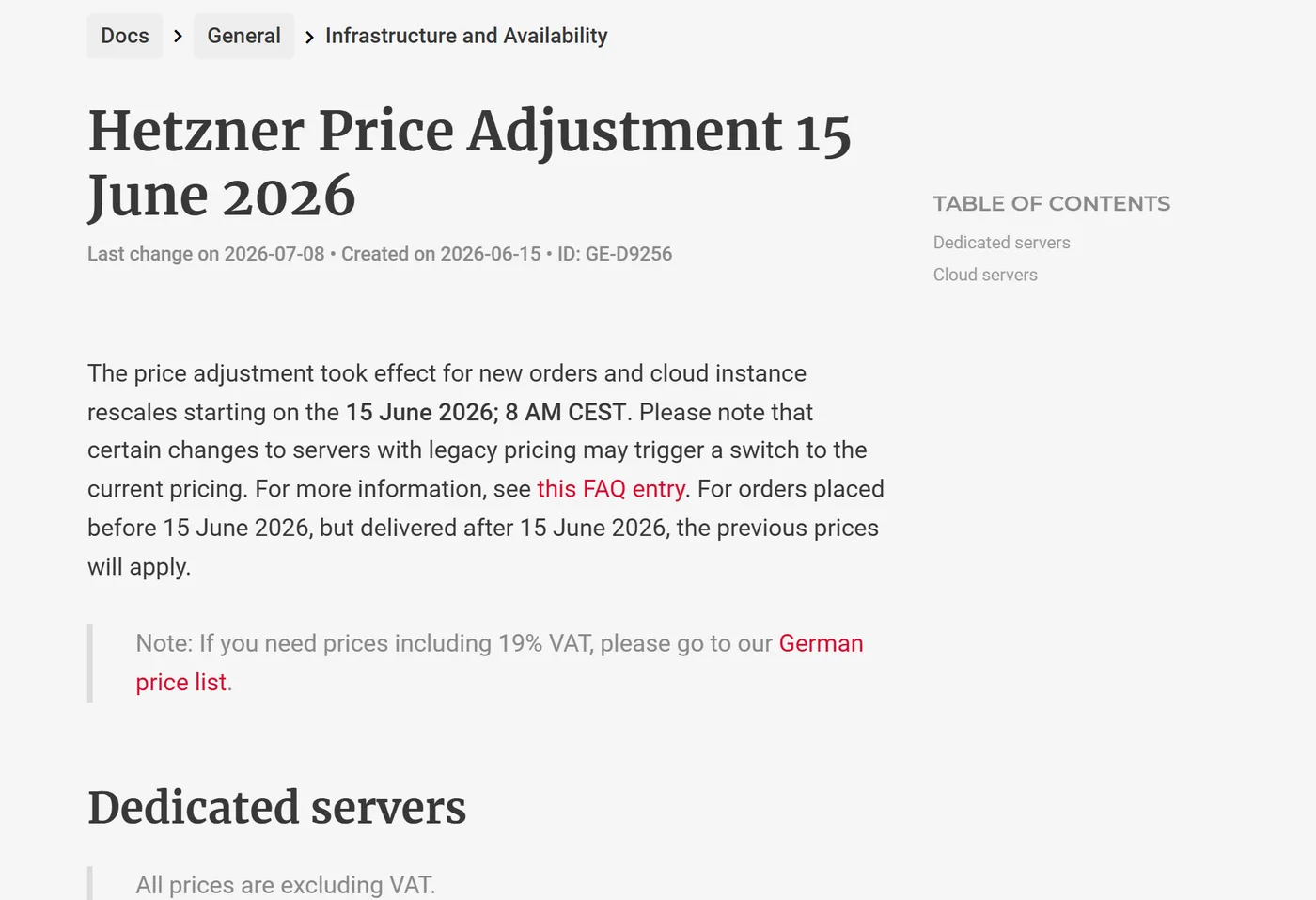 Page de la doc Hetzner sur la hausse de prix du 15 juin 2026