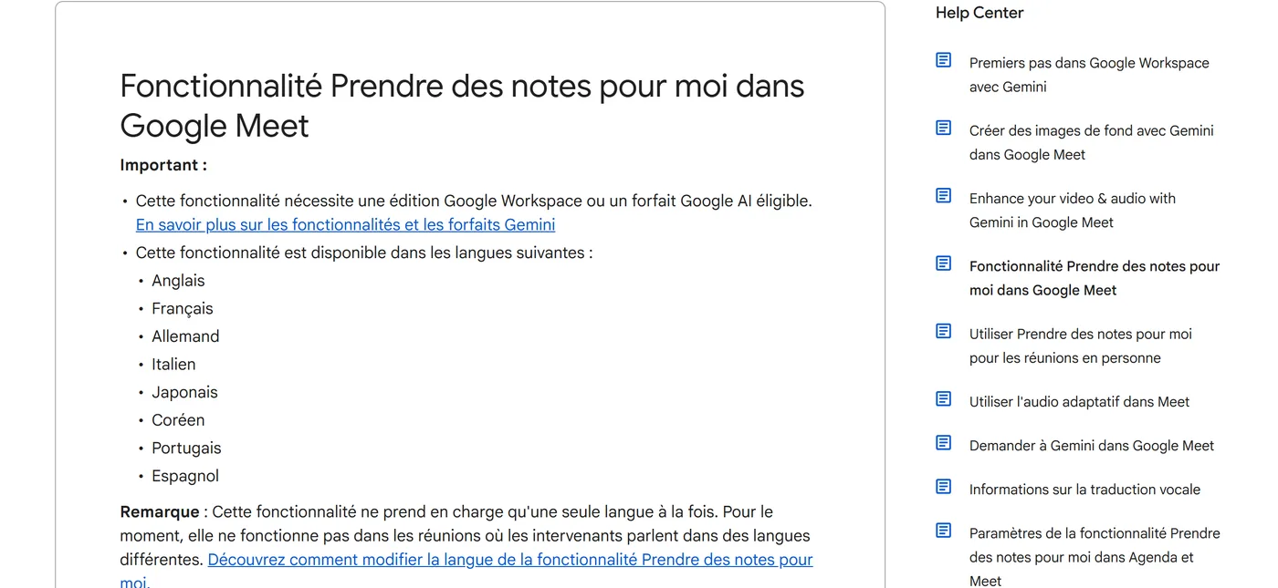 Article d'aide Google Meet « Fonctionnalité Prendre des notes pour moi », avec la liste des langues dont le français