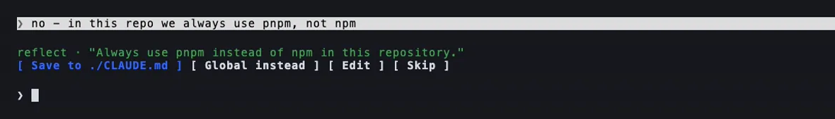 Bande du mod Reflect au-dessus du prompt, qui propose d'enregistrer une correction comme règle