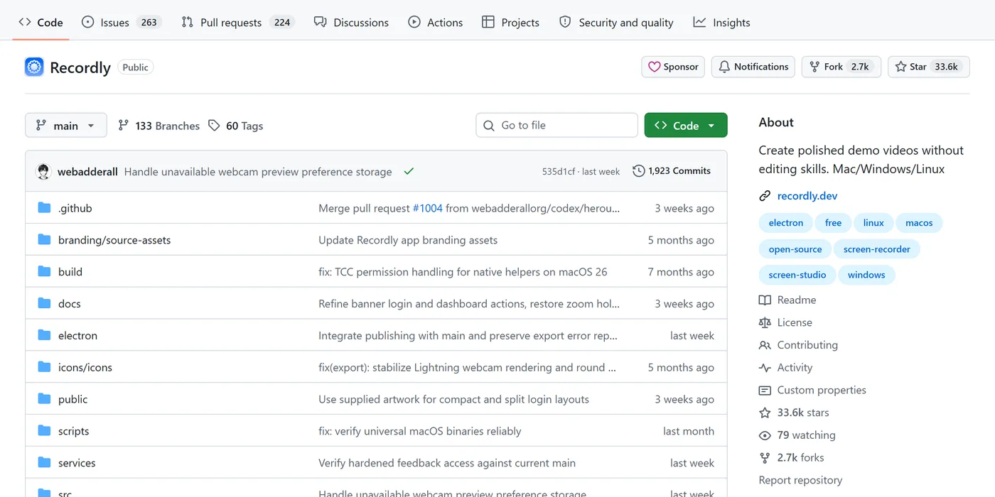 Page GitHub du dépôt webadderallorg/Recordly : 33,6 k étoiles, Mac, Windows et Linux