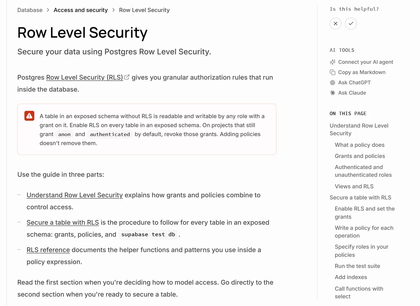 Doc Supabase sur la Row Level Security : une table sans RLS se lit et s'écrit par tout rôle qui y a accès