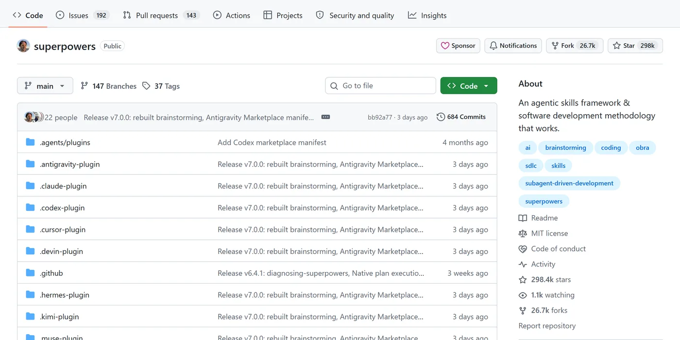Page GitHub du dépôt obra/superpowers, licence MIT