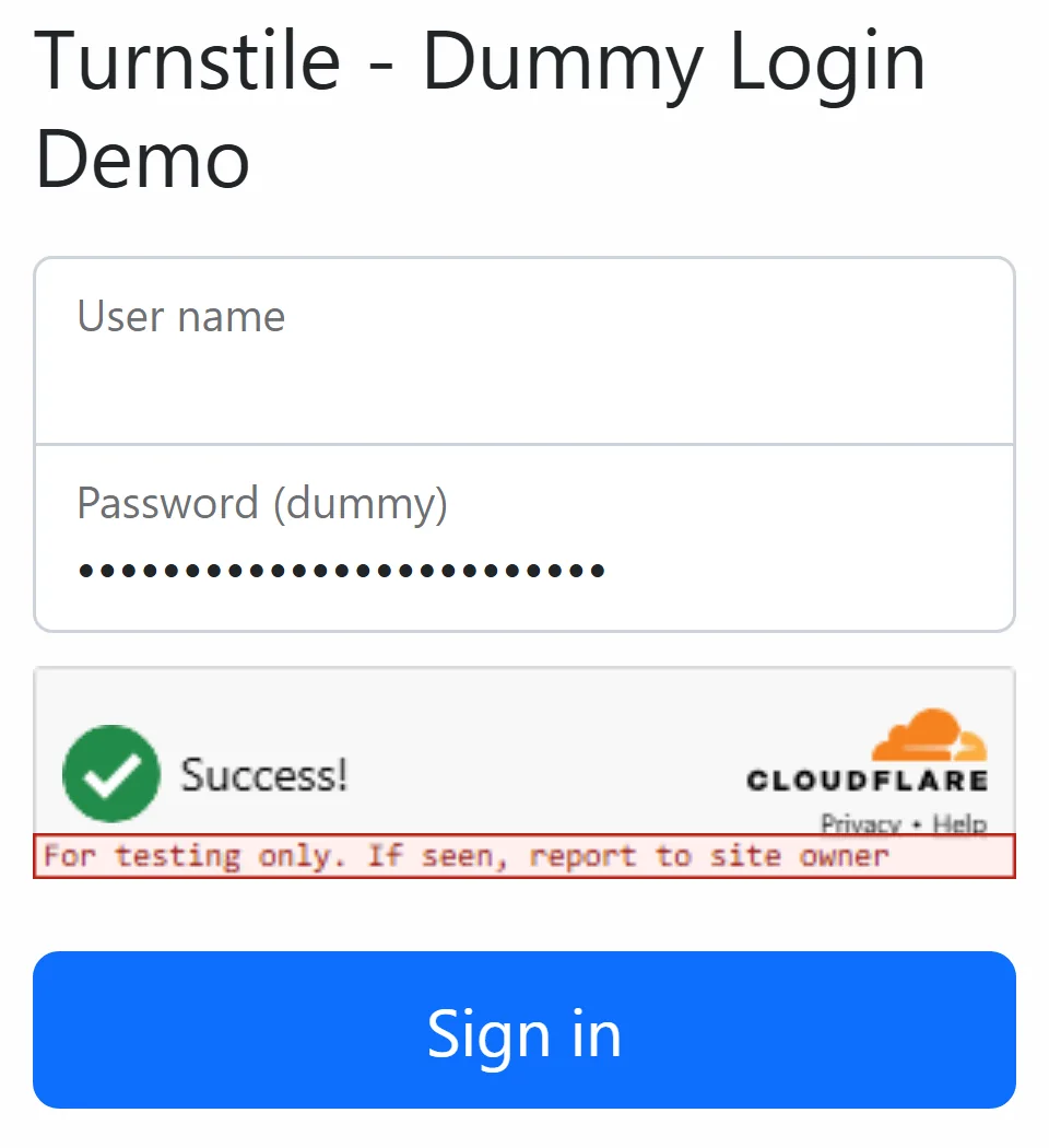 Démo officielle de Cloudflare Turnstile : formulaire de connexion avec la case Success